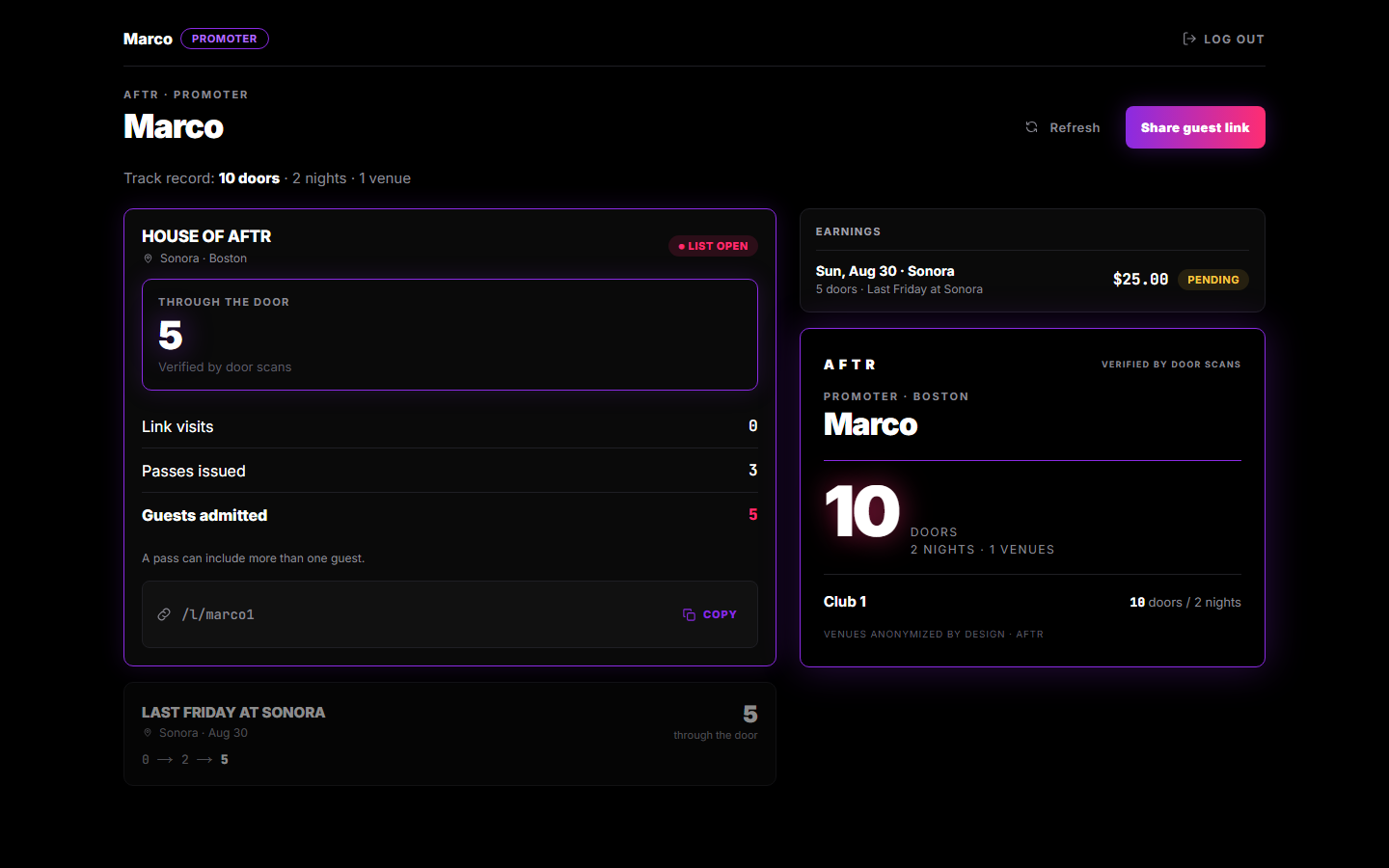 AFTR promoter dashboard with guest attribution and earnings
